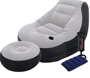 Надувне крісло з пуфіком Intex 68564-2, розміром 130x99x76 см, ручним насосом і подушкою в комплекті