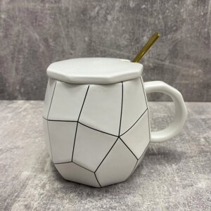 Чашка керамічна з кришкою та ложкою біла Stenson 2356