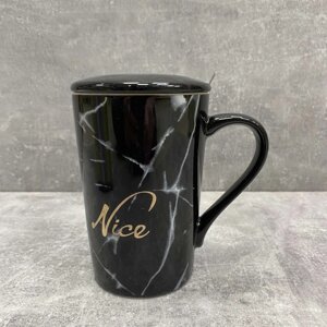Чашка з кришкою керамічна з ложкою Nice чорний мармур 375 мл Olens O8030-81