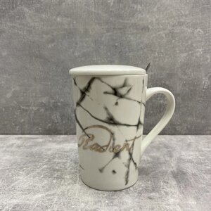 Чашка з кришкою керамічна з ложкою Radient білий мармур 375 мл Olens O8030-81