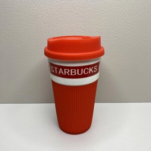 Стакан керамічний з силіконовою кришкою 400 мл Starbucks 9703 червоний з білим