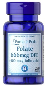 Фолієва кислота, Folic Acid, Puritans Pride, 400 мкг, 250 таблеток