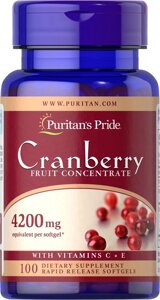 Журавлина з вітамінами С та Е, Cranberry Fruit Concentrate, Puritans Pride, фруктовий концентрат, 4200 мг, 100 гелевих