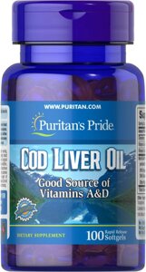 Масло печінки тріски, Cod Liver Oil, Puritans Pride, 415 мг, 100 гелевих капсул