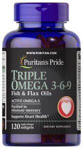 Омега 3-6-9, Triple Omega 3-6-9, Puritans Pride, рибячий жир і лляне олія, 120 гелевих капсул