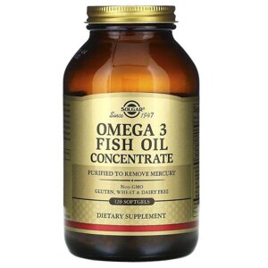 Омега-3, Omega-3 Fish Oil, Solgar, концентрат рибячого жиру, 120 гелевих капсул