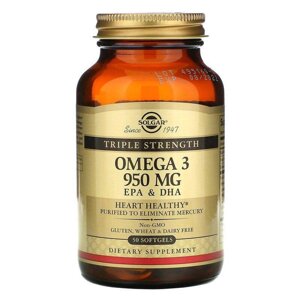 Омега-3, рибячий жир, Omega-3, EPA & DHA, Solgar, потрійна сила, 950 мг, 50 гелевих капсул