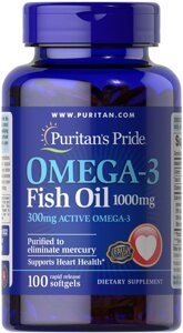 Омега-3 рибячий жир, Omega-3 Fish Oil, Puritans Pride, 1000 мг, 300 мг активного, 100 капсул