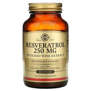 Ресвератрол (Resveratrol), Solgar, 250 мг, 60 капсул