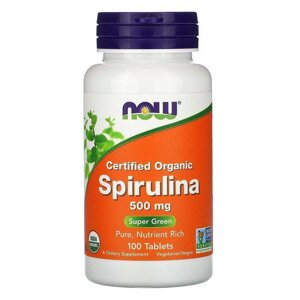 Спіруліна, Spirulina, Now Foods, сертифікована, органічна, 500 мг, 100 таблеток