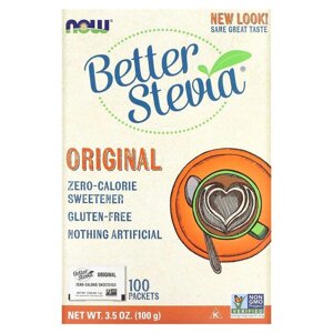 Стевія, BetterStevia, Now Foods, підсолоджувач з нульовою калорійністю, оригінальний, 100 пакетів, 100 г