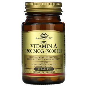 Вітамін А, Dry Vitamin A, Solgar 1500 мкг (5000 МО), 100 таблеток