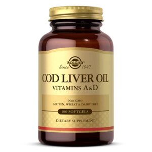 Вітамін А і Д з олії печінки тріски, Cod Liver Oil, Vitamins A & D, Solgar, 100 гелевих капсул