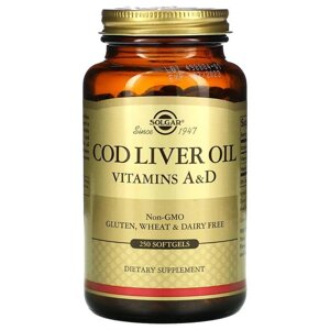 Вітамін А і Д з олії печінки тріски, Cod Liver Oil, Vitamins A & D, Solgar, 250 гелевих капсул