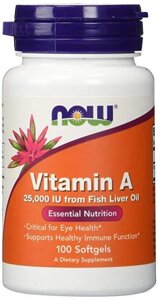 Вітамін А, Vitamin A, Now Foods, 7500 мкг (25000 МО), 100 гелевих капсул