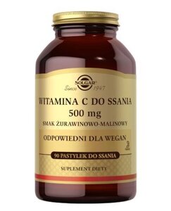 Вітамін C 500 мг зі смаком журавлини та малини, SOLGAR VITAMIN C 500 mg cranberry and raspberry flavor, 90 паст