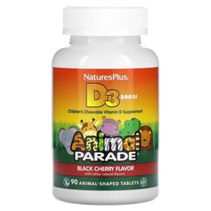 Вітамін Д-3, Vitamin D 3, Natures Plus, Animal Parade, смак чорної вишні, 500 МО, 90 жувальних цукерок