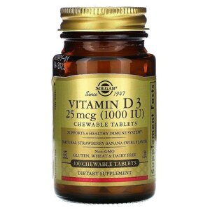 Вітамін D3, холекальциферол), Vitamin D3, Solgar, клубника/банан, 25 мкг (1000 МЕ), 100 жувальних таблеток