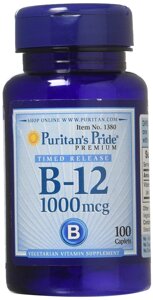 Вітамін В-12, Vitamin B-12, Puritans Pride, 1000 мкг, 100 каплет із уповільненим вивільненням