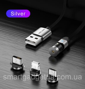 Оригінальний Магнітний кабель для заряджання Uslion 3 в 1 (Lightning (iPhone), micro USB, T-C), 360°180° Срібло