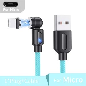 Посилений Магнітний кабель Micro USB для заряджання 360°180° Блакитний 1метр, 2.4A