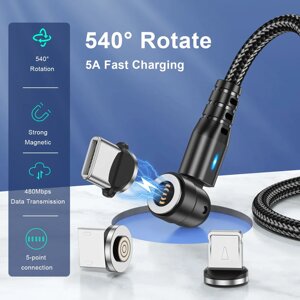 Посилений Магнітний кабель USLION 5pin для заряджання 3 в 1 (Lightning (iPhone), micro USB, T-C), 540 °1метр, 5A