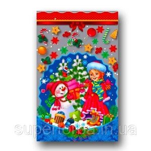 Фольговані новорічні пакети 20х30 №4 "Снігуронька та сніговик" 100 штук святкові пакети для цукерок і подарунків