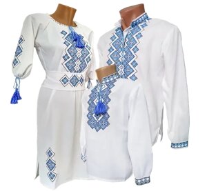 Біла Домоткана сорочка вишиванка для хлопчика блакитна вишивка Family Look р. 140-176