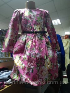Демісезонне ошатне плаття для дівчинки з поясом рожеве квіти 116 122