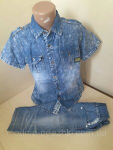 Літня Джинсова сорочка короткий рукав для хлопчика р. 128 - 164
