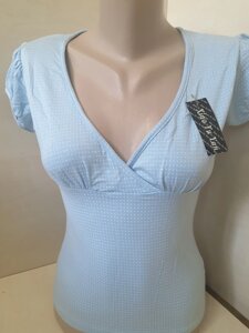 Літня жіноча футболка горошок запах блакитна розмір 42 44 S