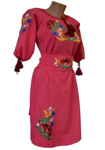 Сукня жіноча вишита Льон Вишиванка з поясом червоне Family Look р. 42 - 60