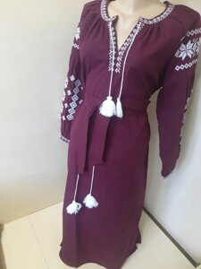 Сукня жіноча Вишиванка з поясом натуральний льон Бордова р. 42 44 46 48 50 52 54 56 S