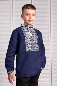 Сорочка Вишиванка для хлопчика синій льон біла вишивка р. 122 - 164 146