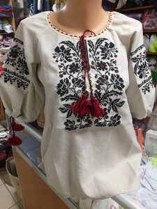 Жіноча сорочка Вишиванка домотканий льон чорно червона вишивка Family Look р. 42 - 60