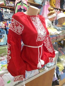 Жіноча сорочка Вишиванка льон з поясом червона р. 46 52