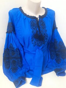Жіноча сорочка вишиванка льон синя мереживо Для пари Family Look 42 - 60