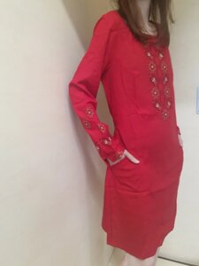 Жіноча сукня вишиванка льон червона міді довгий рукав 48 50 52 54 56 58 56