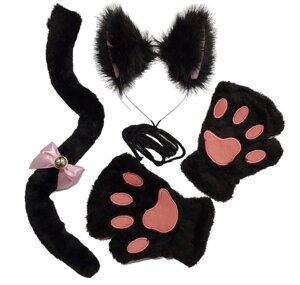 Набір: котячі обідок Вушки Хвіст Рукавички чорні, карнавальний костюм, ошатний кіт, аніме, косплей 10375