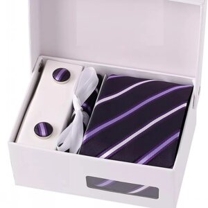 Набір подарунковий DIY: краватку, запонки, хустку, затискач, коробка в смужку синьо-бузковий GS881