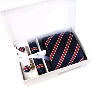 Набір подарунковий: краватка запонки хустка затискач коробка синій+червоний GS878