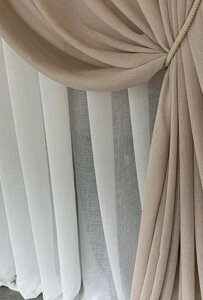 Тюль лен двухцветный комбинированный бежевый, молочный, белый в Киеве от компании "Тюль, гардины, шторы"  интернет-магазин
