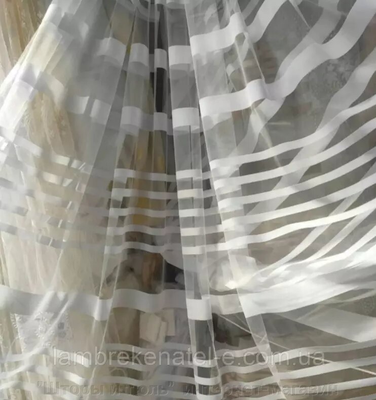 Тюль смужка біла на сітці з фатину від компанії "Штори і тюль" інтернет-магазин - фото 1