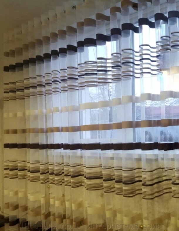 Тюль у зал, на кухню, сітка в смужку коричневу, ткань метражем від компанії "Штори і тюль" інтернет-магазин - фото 1
