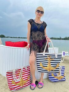 АКЦІЯ! Чорна — якір — велика, яскрава, літня, пляжна сумка матеріал — льон (8069)