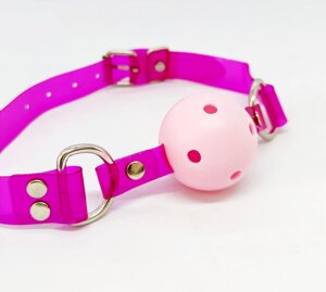 Кляп неоновий DS Fetish, малиновий ремінець з рожевим кулькою