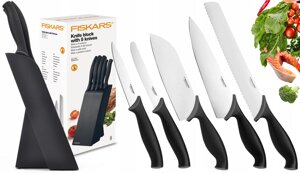 Fiskars набір 5 ножів включає ніж шеф-кухаря чорний блок з дерева гостра сталева