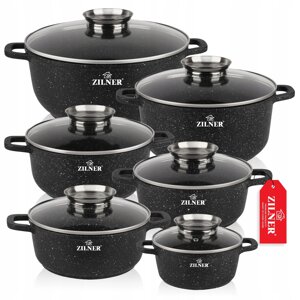Комплект чорних керамічно-мармурових кастрюль Zilner для індукційної плити та ґазу набір 12 шт. діаметром
