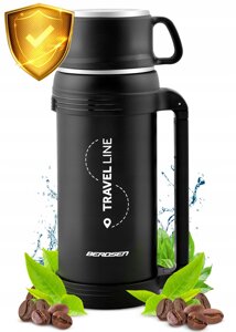 Термос Berdsen 378100 1,5 л чорний туристичний з ремінцем для кави чаю 1500мл сталевий термокружок