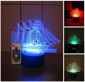 3D-світильник Корабель, 3д-нічник, кілька подсветок (на пульті), подарунок морякам хлопчикові
